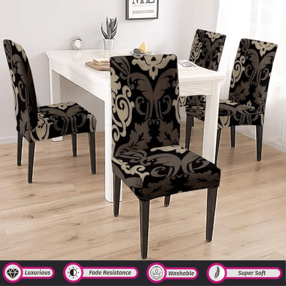Premium Chair Cover - Stretchable & Elastic Fitted Great Happy IN Black Brown Motif 4 PCS - ₹1299