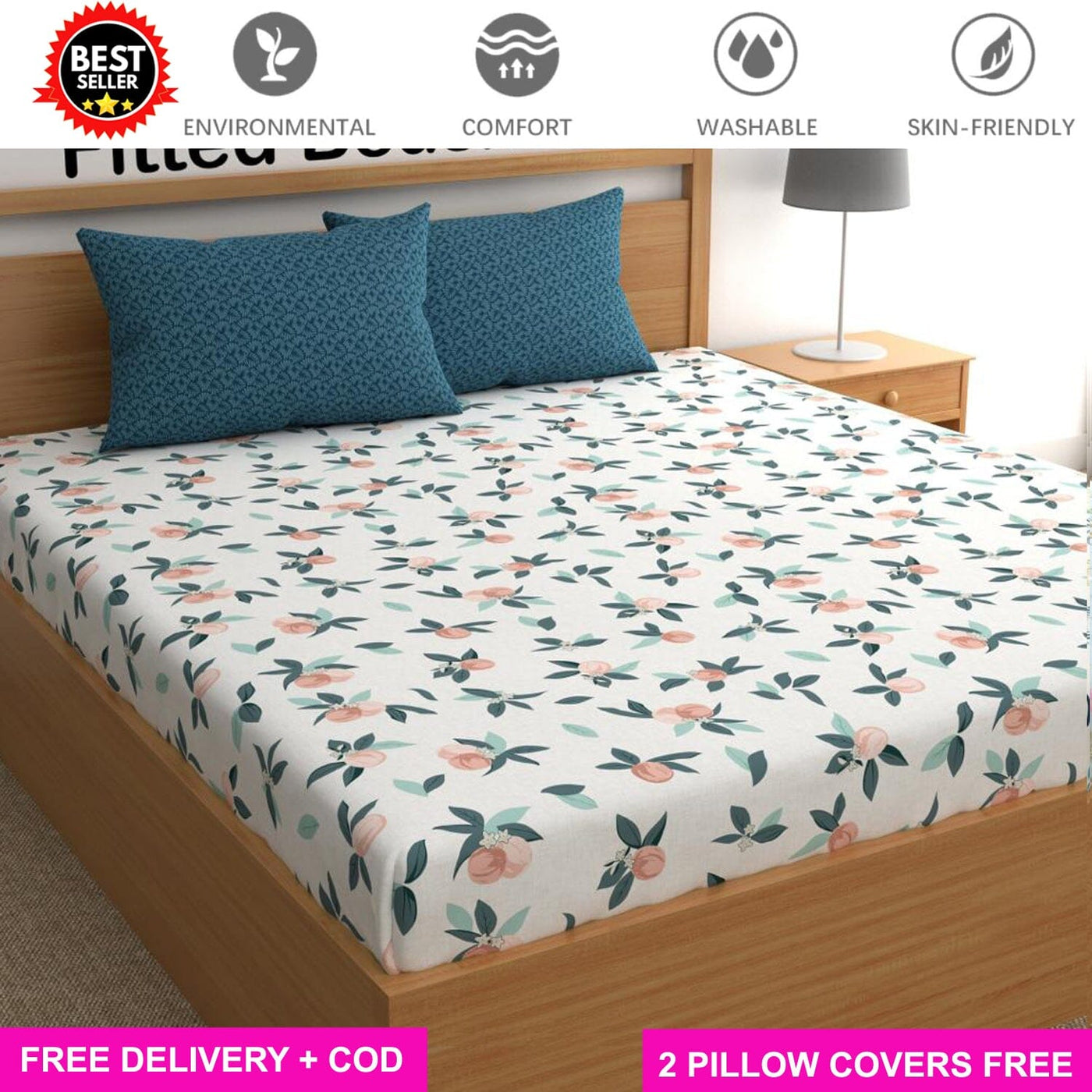 Cotton Elastic Fitted Bedsheet with 2 Pillow Covers - Fits with any Beds & Mattresses Great Happy IN Blue Buds Contrast KING SIZE 