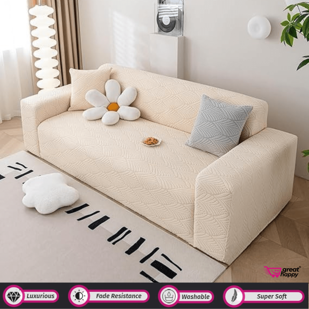 Leaf Texture Jacquard Sofa Cover Great Happy IN Beige 1 Seater