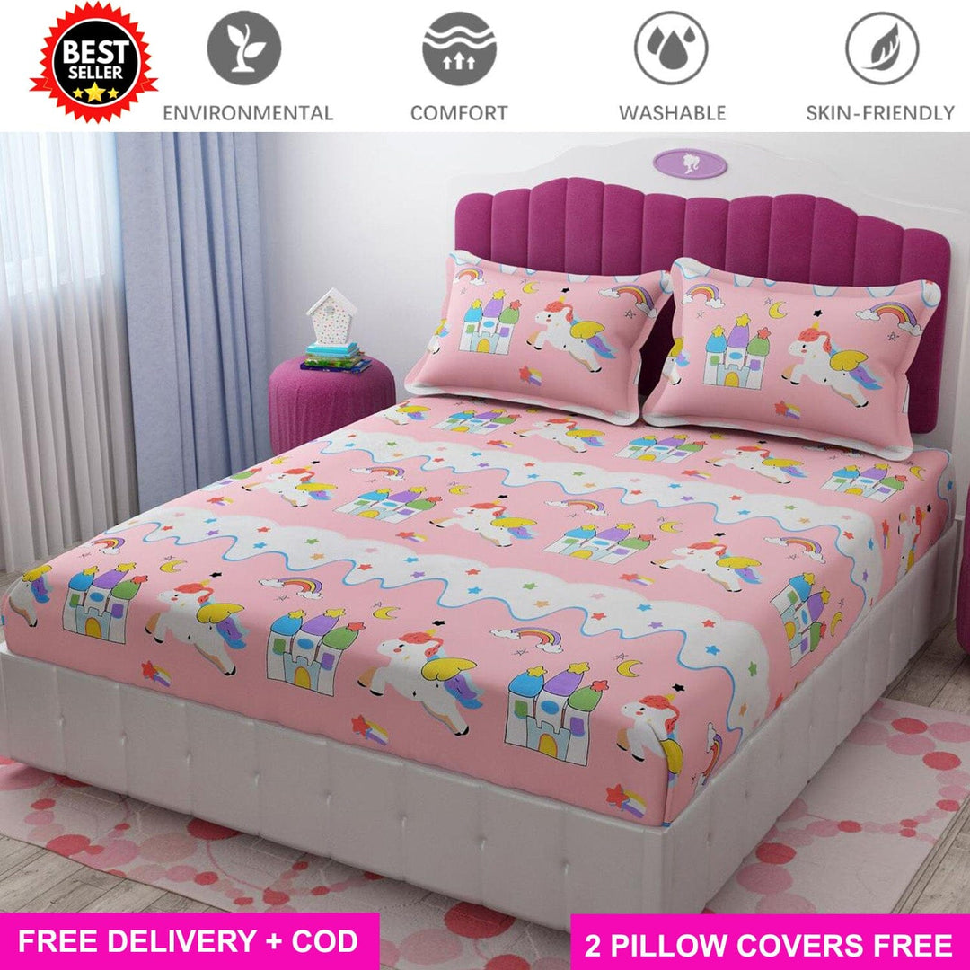 Cotton Elastic Fitted Bedsheet - Fits with any Beds & Mattresses Great Happy IN Pink Unicorn KING SIZE