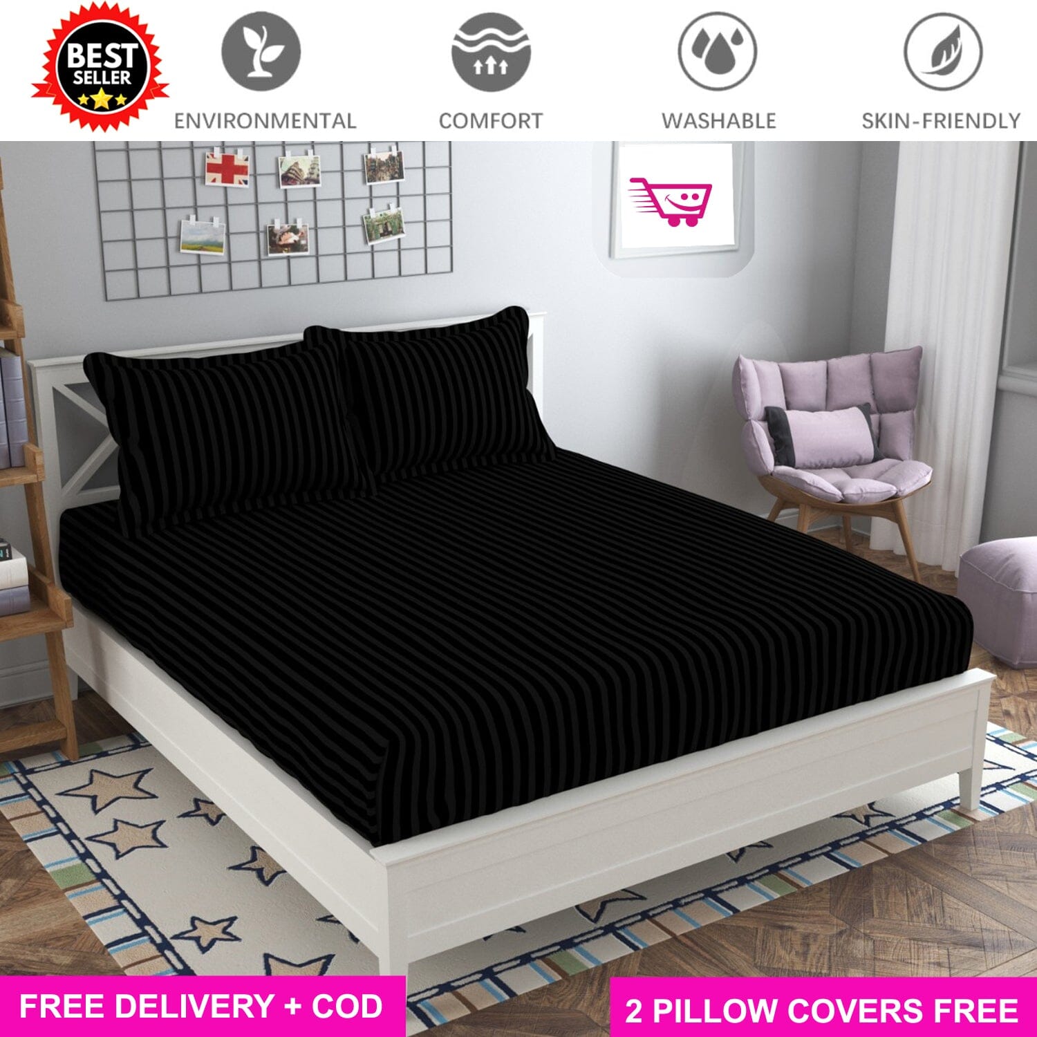 Black Satin Full Elastic Fitted Bedsheet with 2 Pillow Covers King S
