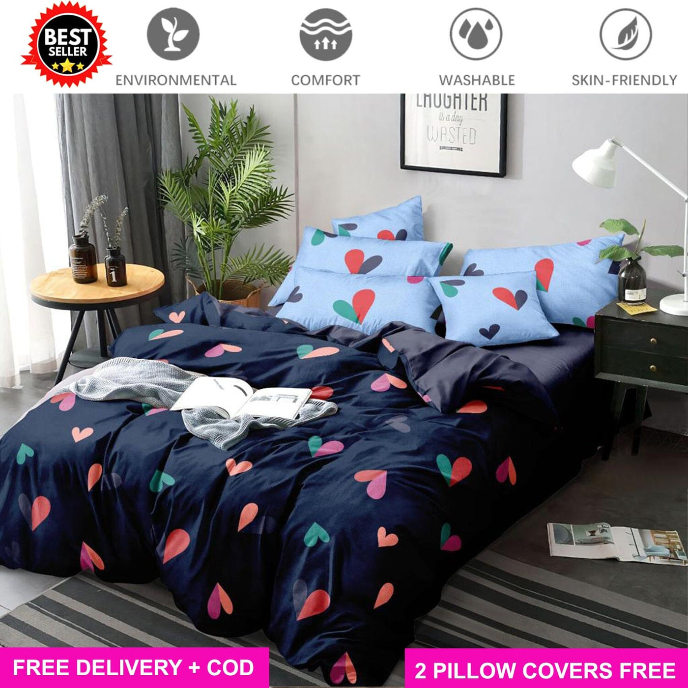 Blue Heart Full Elastic Fitted Bedsheet with 2 Pillow Covers - King Size Bed Sheets Great Happy IN 