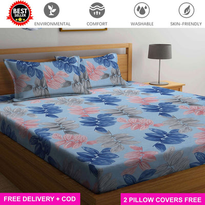 Cotton Elastic Fitted Bedsheet with 2 Pillow Covers - Fits with any Beds & Mattresses Great Happy IN Blue Pink Leaf KING SIZE 