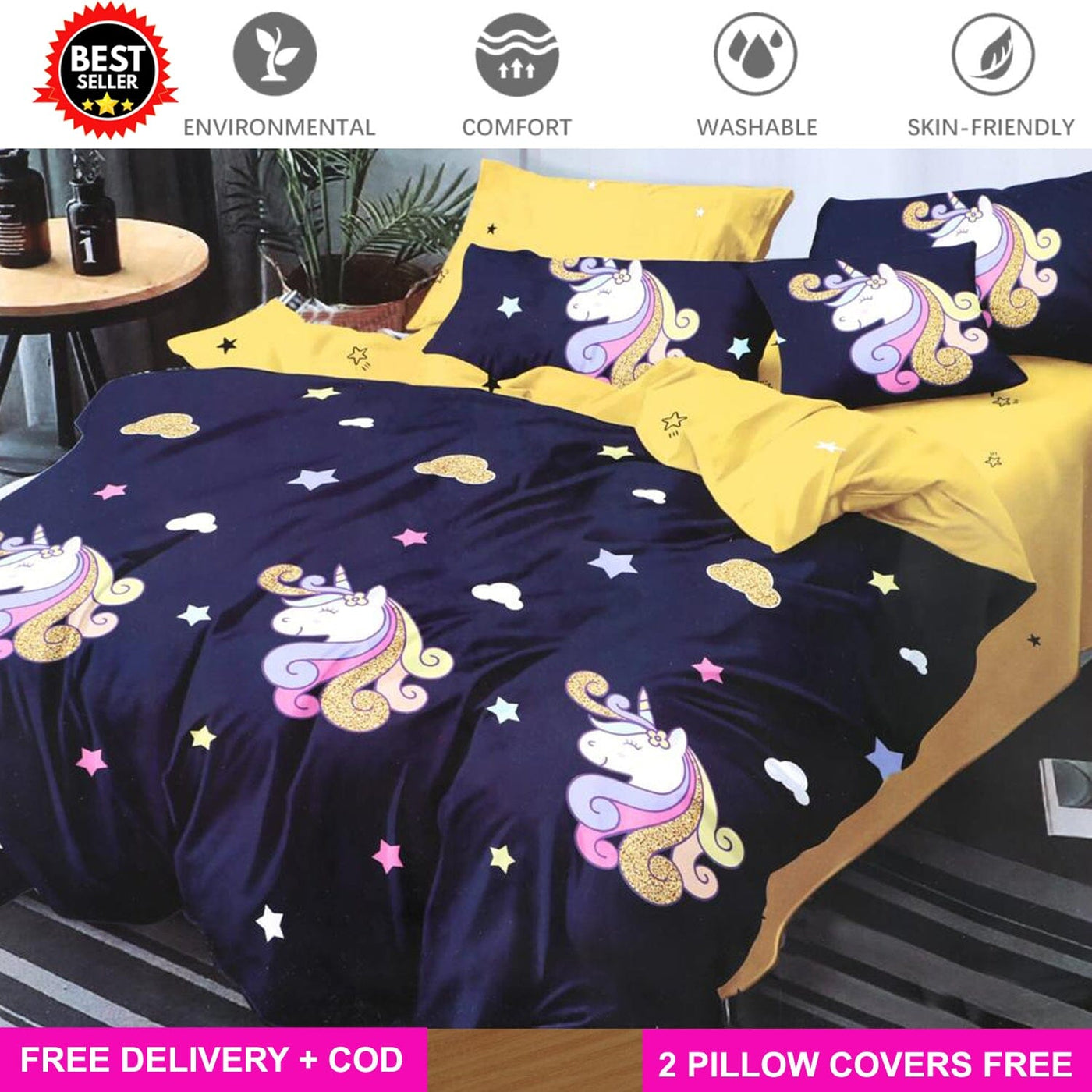 Blue Unicorn Full Elastic Fitted Bedsheet with 2 Pillow Covers - King Size Bed Sheets Great Happy IN 
