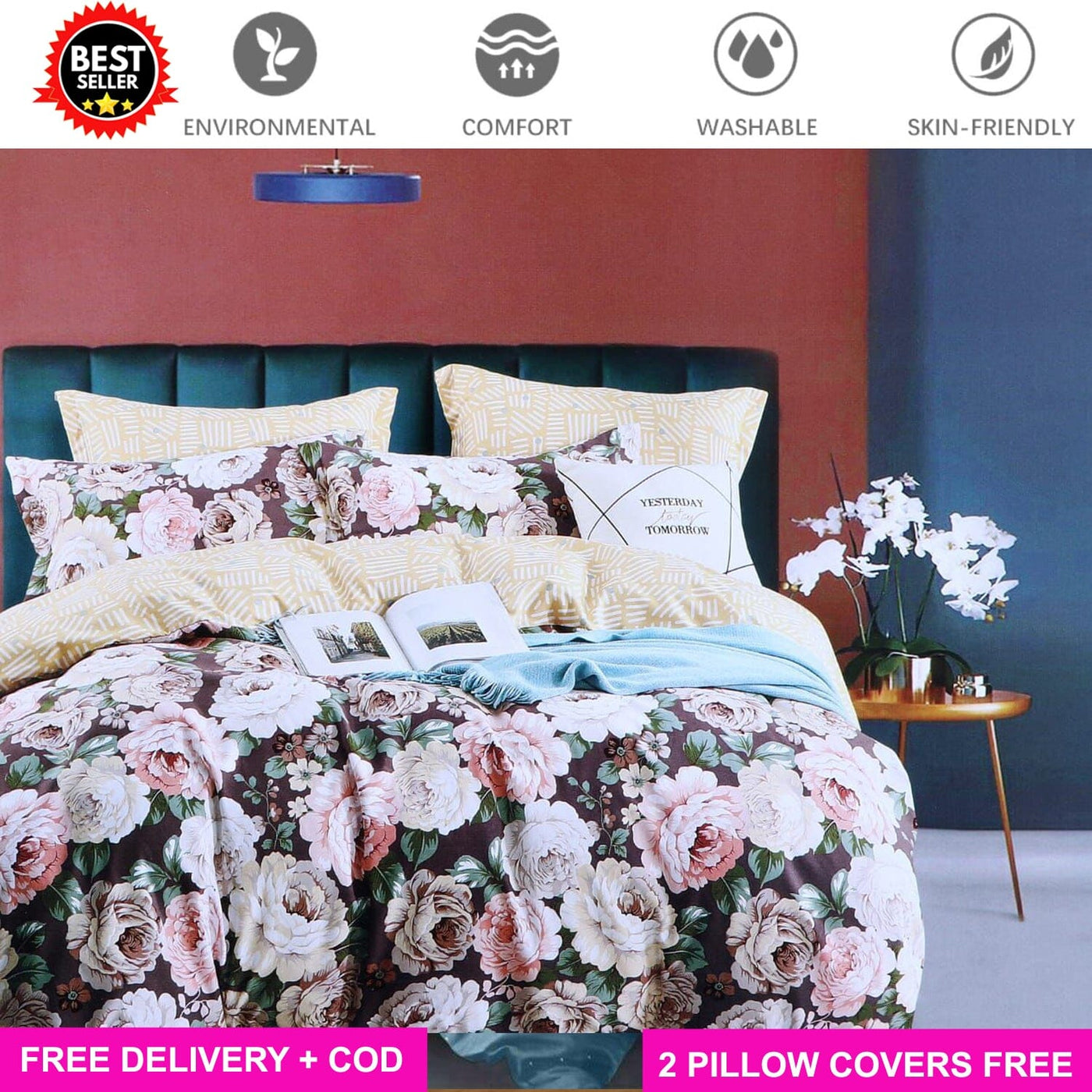 Brown Rose Full Elastic Fitted Bedsheet with 2 Pillow Covers - King Size Bed Sheets Great Happy IN 