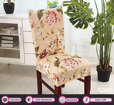 Premium Chair Cover - Stretchable & Elastic Fitted Great Happy IN Beige Flower Pink Green 2 PCS - ₹799 