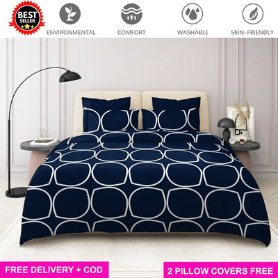 Cotton Elastic Fitted Bedsheet with 2 Pillow Covers - Fits with any Beds & Mattresses Great Happy IN Blue Ellipse KING SIZE 