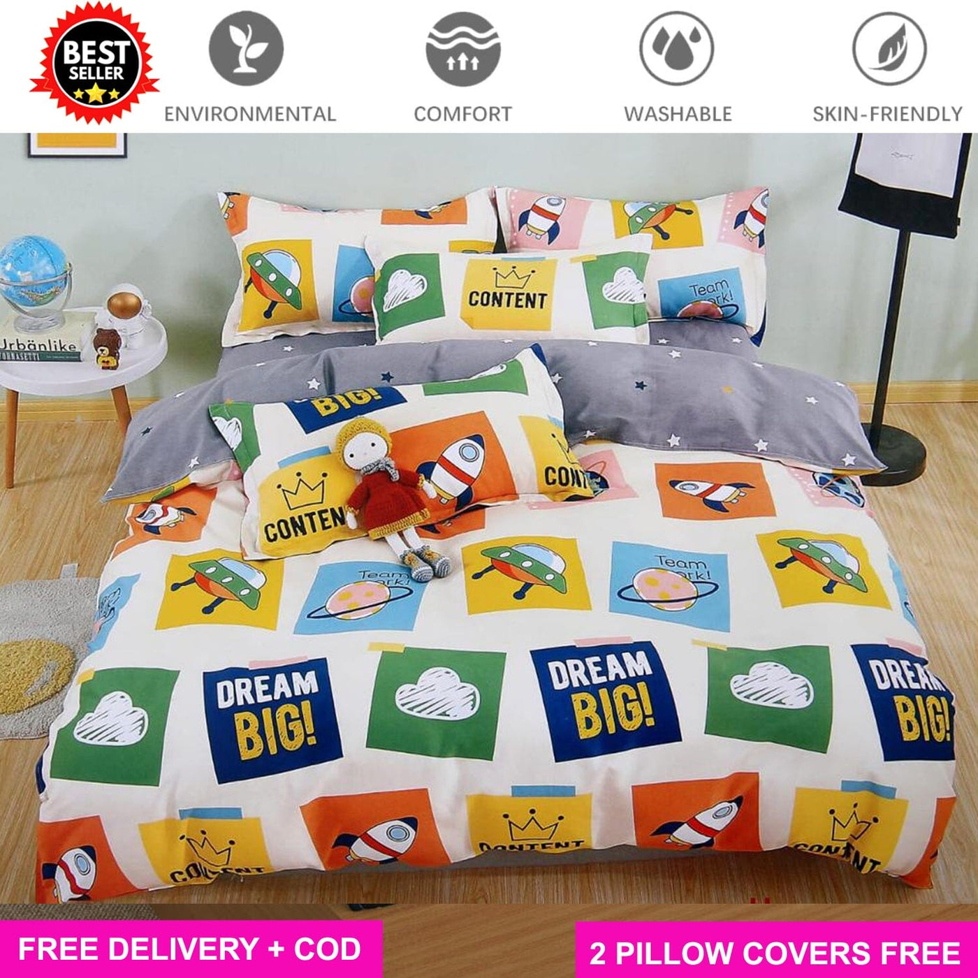 Dream Big Full Elastic Fitted Bedsheet with 2 Pillow Covers - King Size Bed Sheets Great Happy IN 