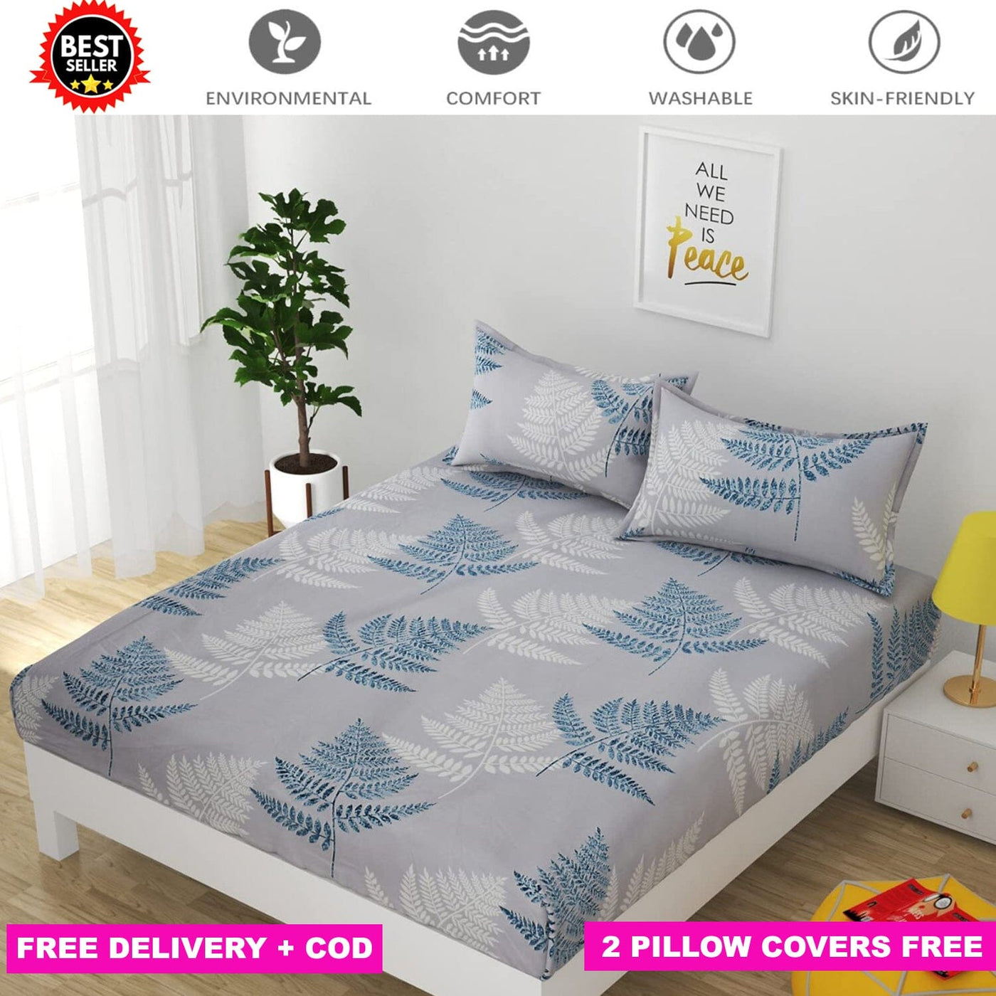 Grey Leaf Full Elastic Fitted Bedsheet with 2 Pillow Covers Bed Sheets Great Happy IN KING SIZE - ₹1299 