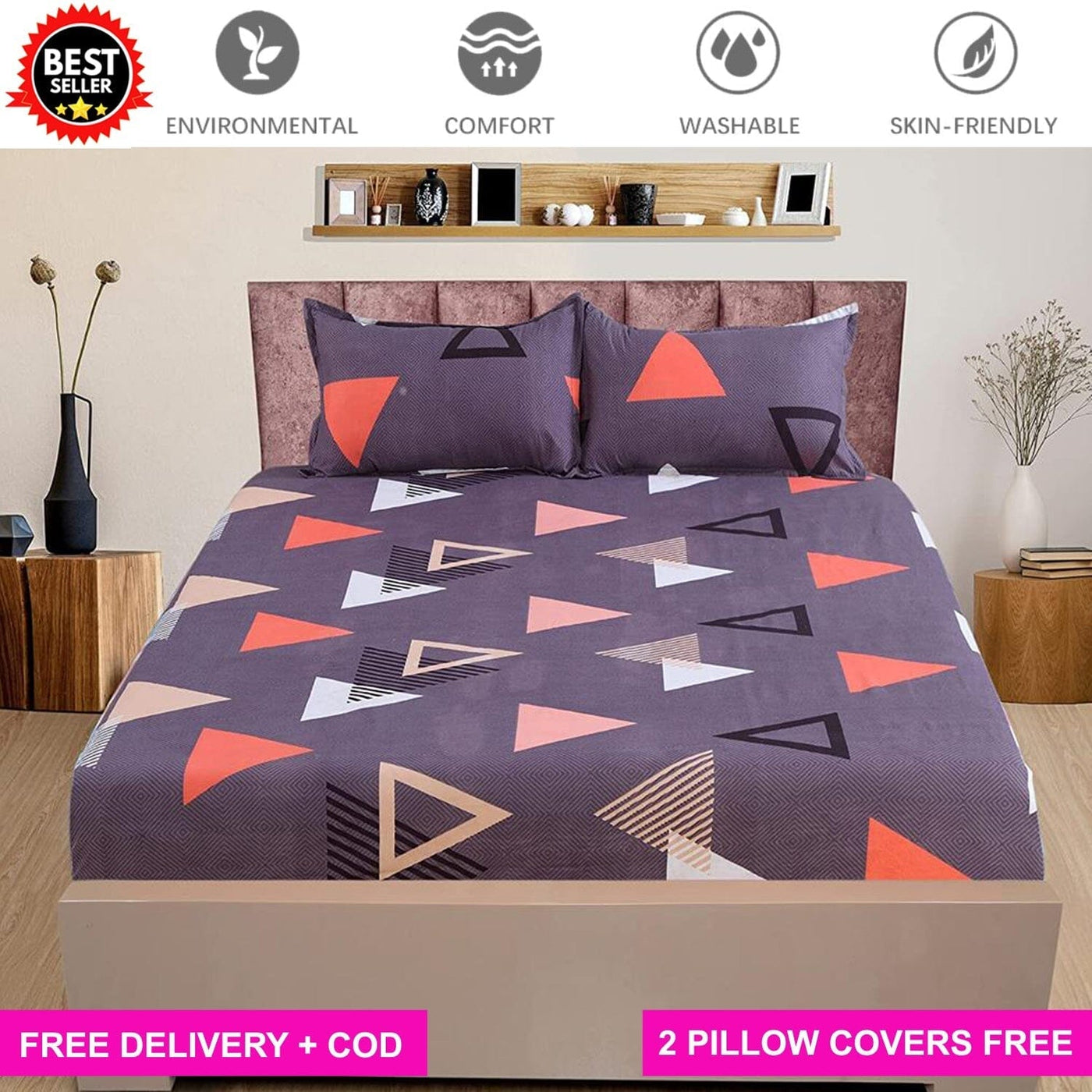 Grey Triangle Full Elastic Fitted Bedsheet with 2 Pillow Covers Bed Sheets Great Happy IN KING SIZE - ₹1299 