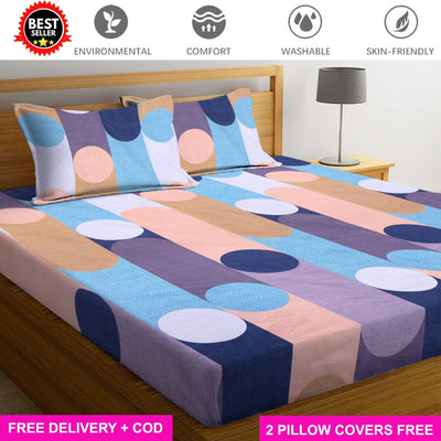 Cotton Elastic Fitted Bedsheet with 2 Pillow Covers - Fits with any Beds & Mattresses Great Happy IN Multicolour Dots KING SIZE 