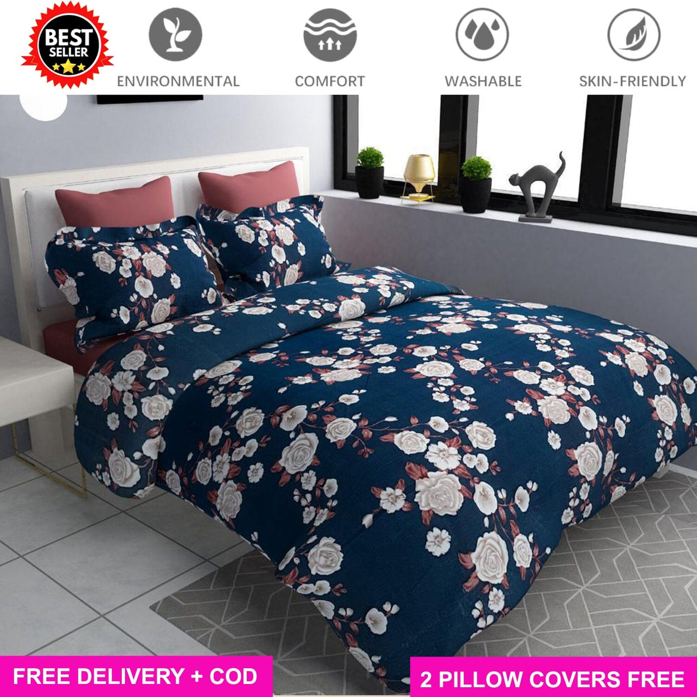 Night Rose Flower Full Elastic Fitted Bedsheet with 2 Pillow Covers - King Size Bed Sheets Great Happy IN 