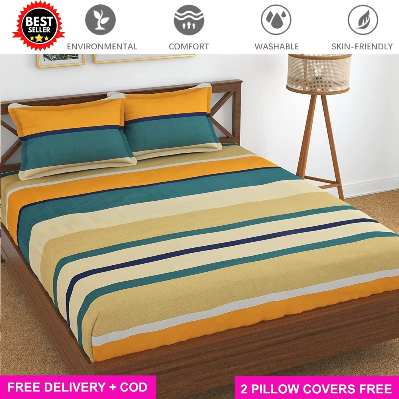 Light Brown Full Elastic Fitted Bedsheet with 2 Pillow Covers Great Happy IN KING SIZE - ₹1199 