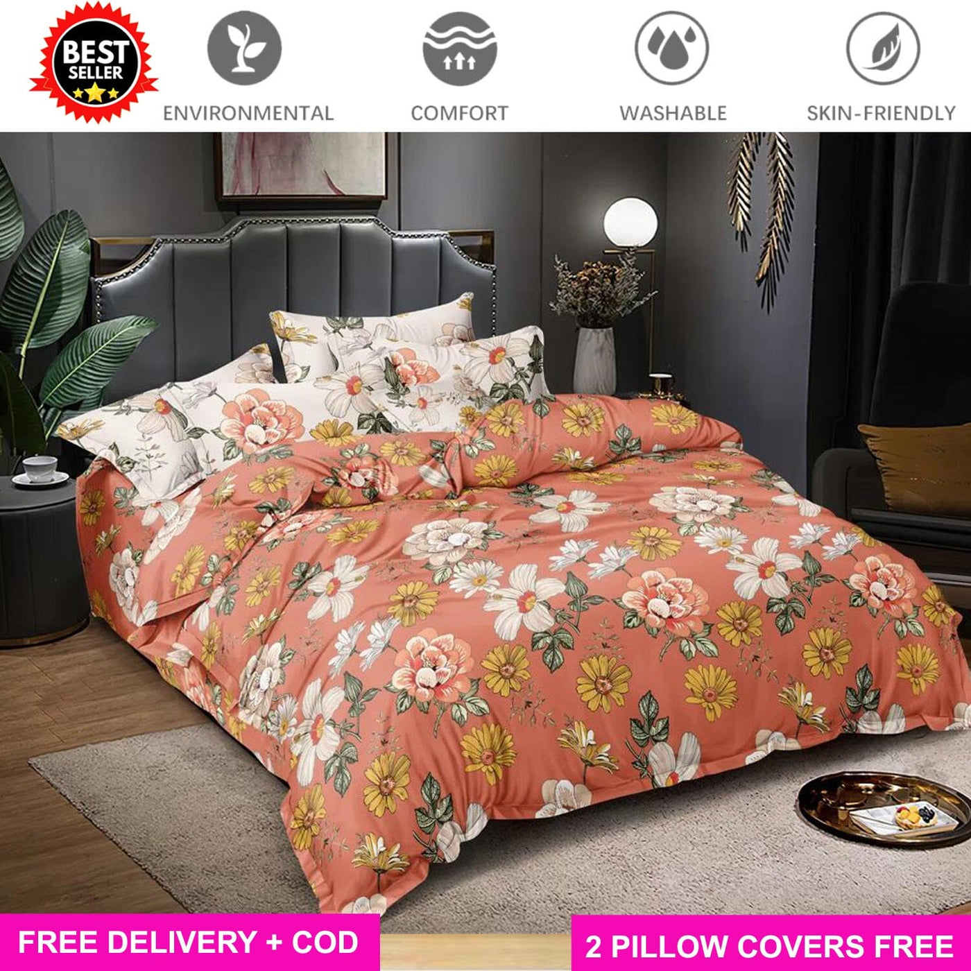 Orange Flower Contrast Full Elastic Fitted Bedsheet with 2 Pillow Covers - King Size Bed Sheets Great Happy IN 