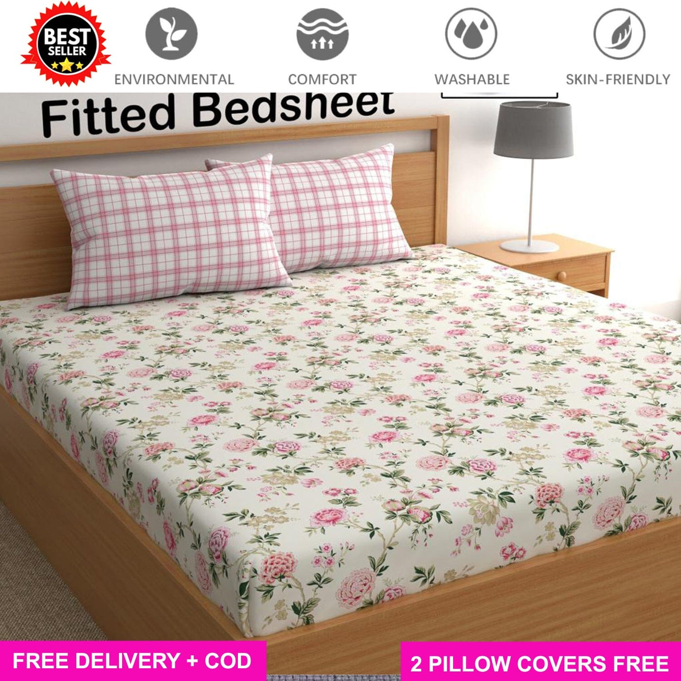 Pink Rose Contrast Full Elastic Fitted Bedsheet with 2 Pillow Covers - King Size Bed Sheets Great Happy IN 