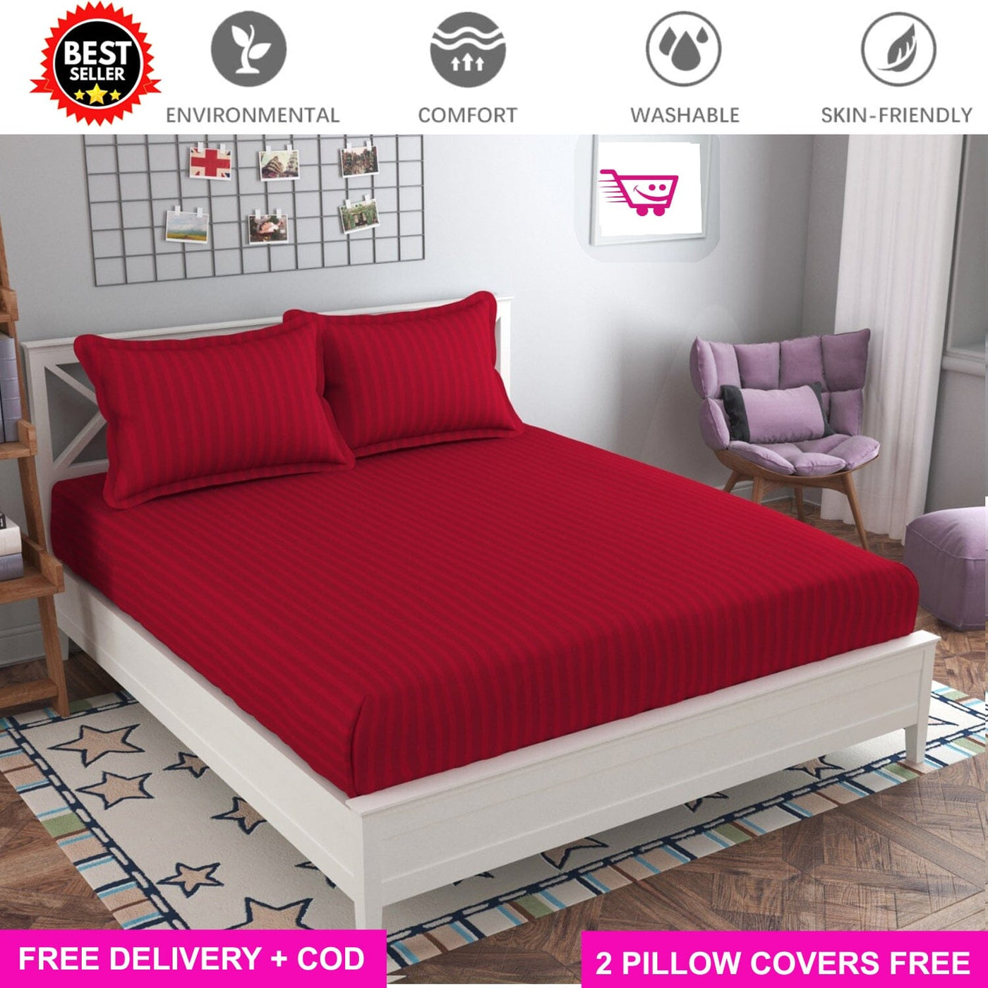Red Satin Full Elastic Fitted Bedsheet with 2 Pillow Covers - King Size Bed Sheets Great Happy IN 
