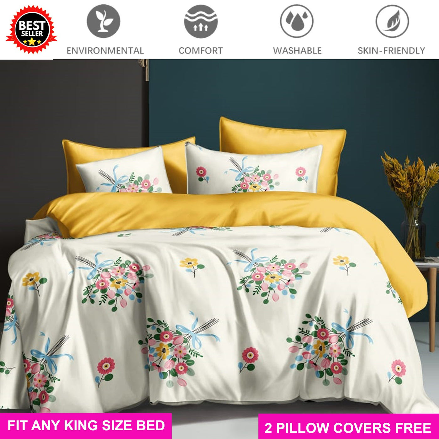 Cotton Elastic Fitted King Size Bedsheet with 2 Pillow Covers - Fits with any Beds & Mattresses Great Happy IN White Bouquet KING SIZE 