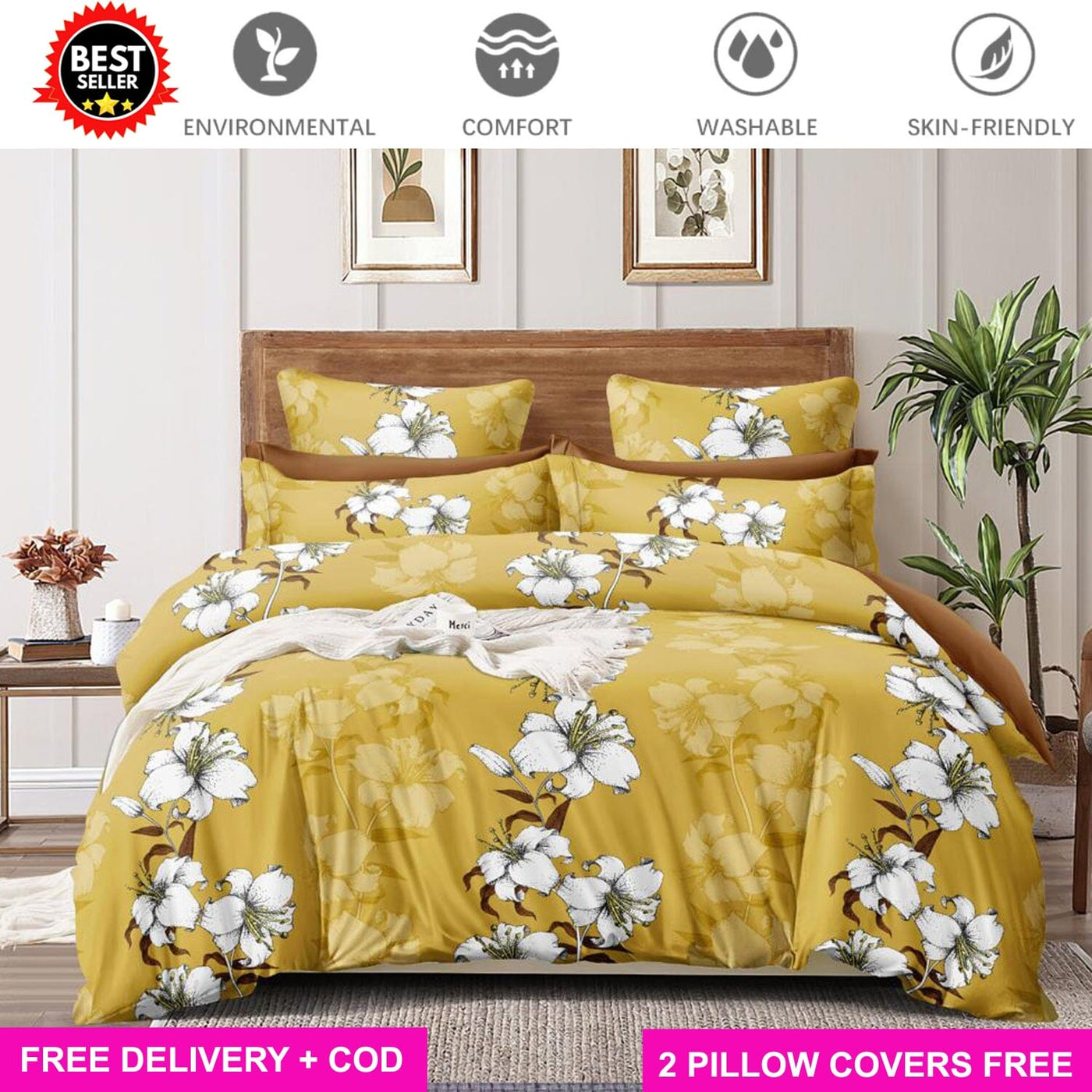 Yellow Floral Full Elastic Fitted Bedsheet with 2 Pillow Covers - King Size Bed Sheets Great Happy IN 