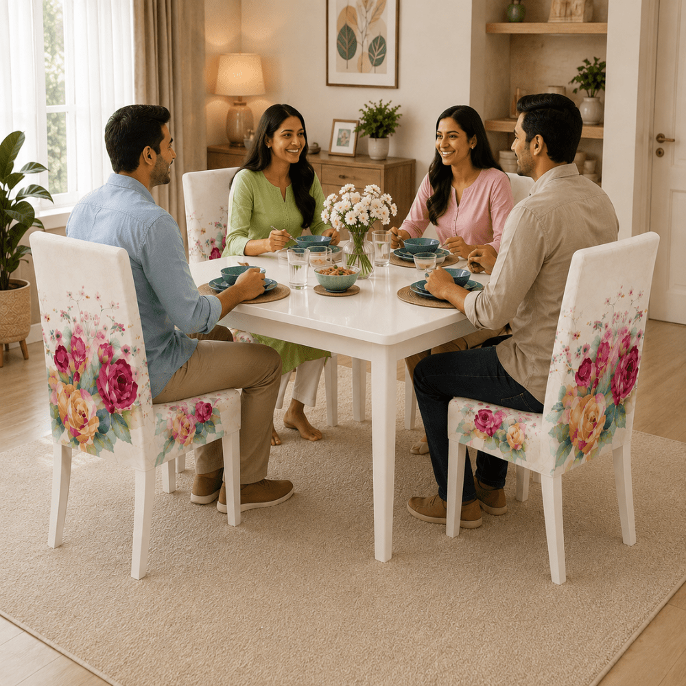 White Rose Premium Chair Cover - Stretchable & Elastic Fitted printed chair covers Great Happy IN 