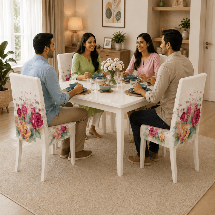 White Rose Premium Chair Cover - Stretchable & Elastic Fitted printed chair covers Great Happy IN 
