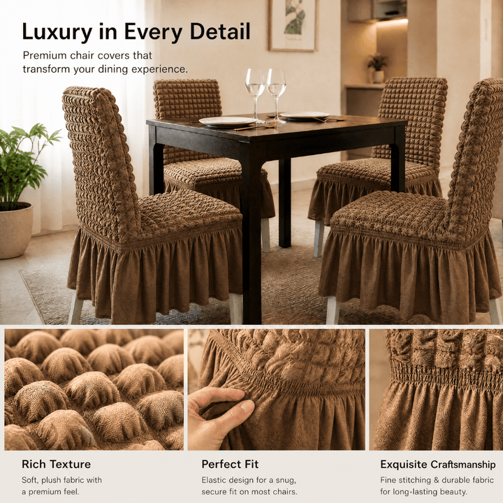 Light Brown Bubble Frill Chair Cover- Stretchable & Elastic Fitted Great Happy IN 