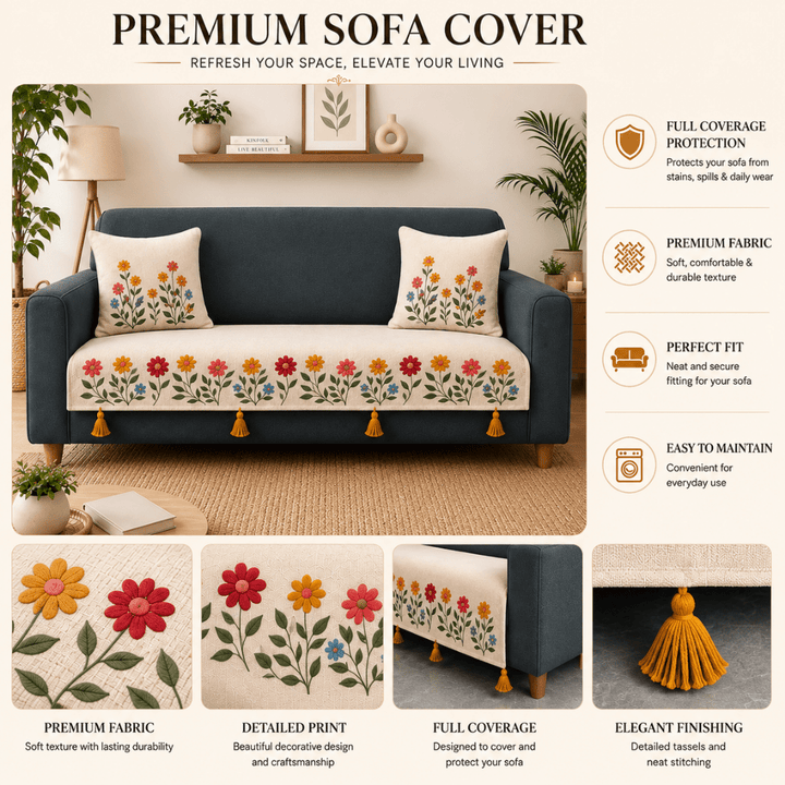 Phoolwari Jute Cotton Sofa Cover