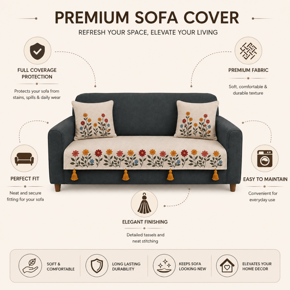 Phoolwari Jute Cotton Sofa Cover jute sofa cover Great Happy IN 
