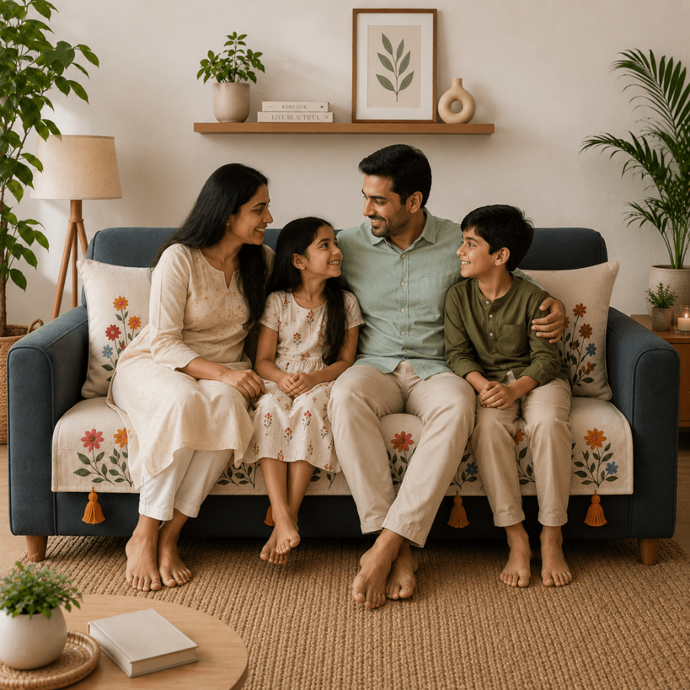 Phoolwari Jute Cotton Sofa Cover jute sofa cover Great Happy IN 