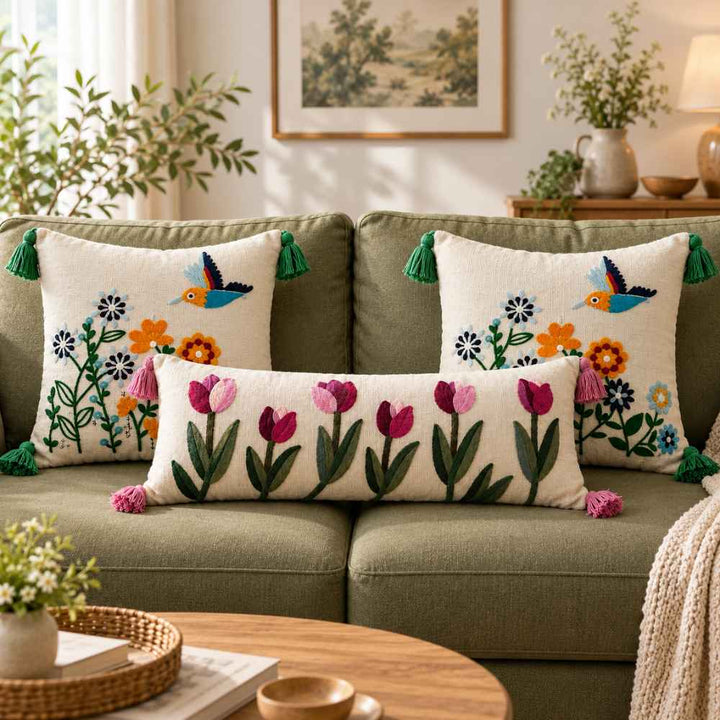 Festive Sofa Styling Set - Buy 1 Lumbar Cover, Get 2 Cushion Covers FREE cushion cover Great Happy IN Tulip Garden 