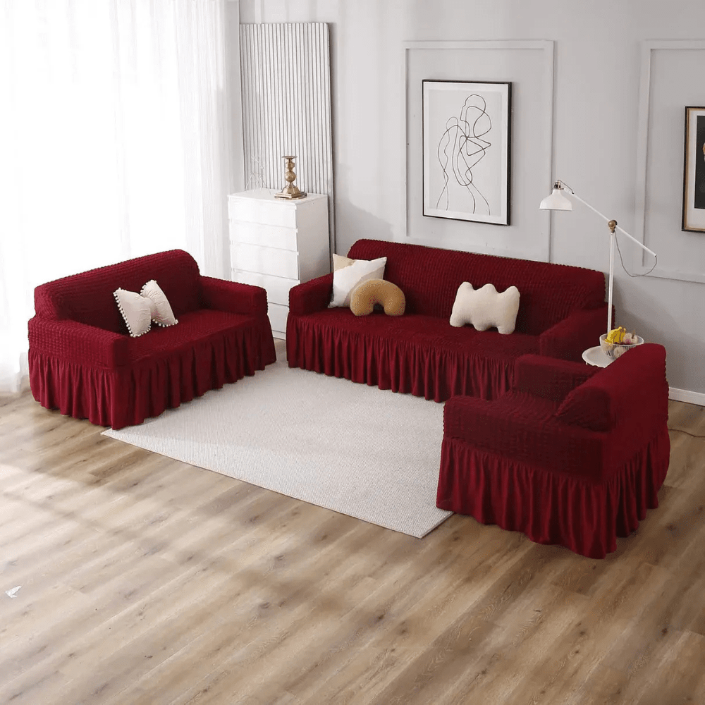 Bubble Frill Sofa Cover Great Happy IN Maroon Bubblefrill 3+2+1 Seater 