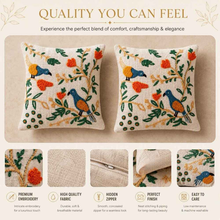 Garden Birds Artisan Embroidered Cushion Covers 16 × 16
