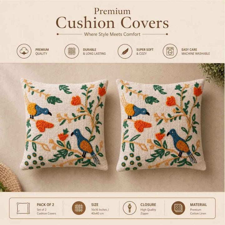 Garden Birds Artisan Embroidered Cushion Covers 16 × 16