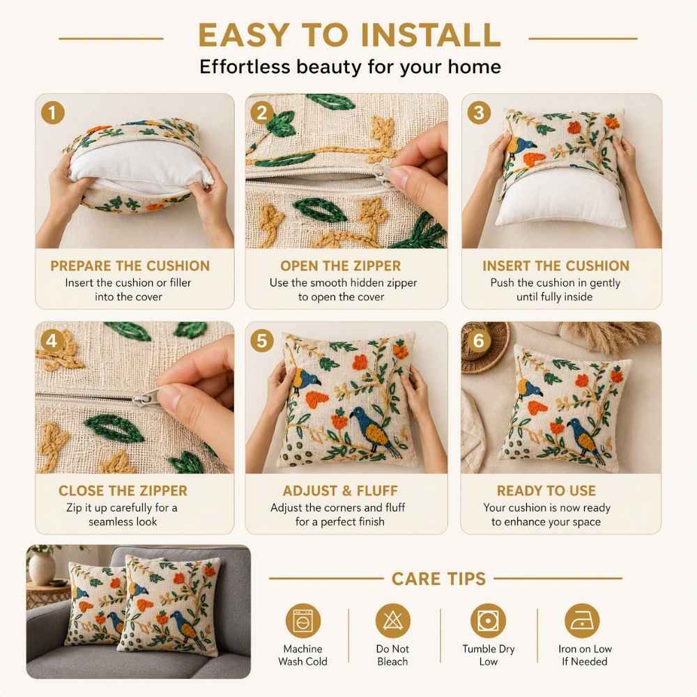Garden Birds Artisan Embroidered Cushion Covers 16 × 16