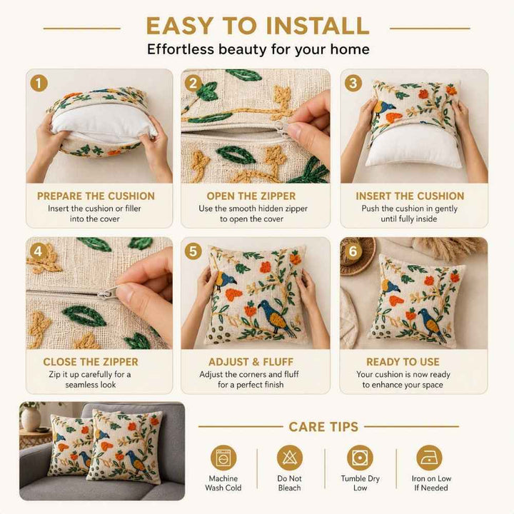 Garden Birds Artisan Embroidered Cushion Covers 16 × 16