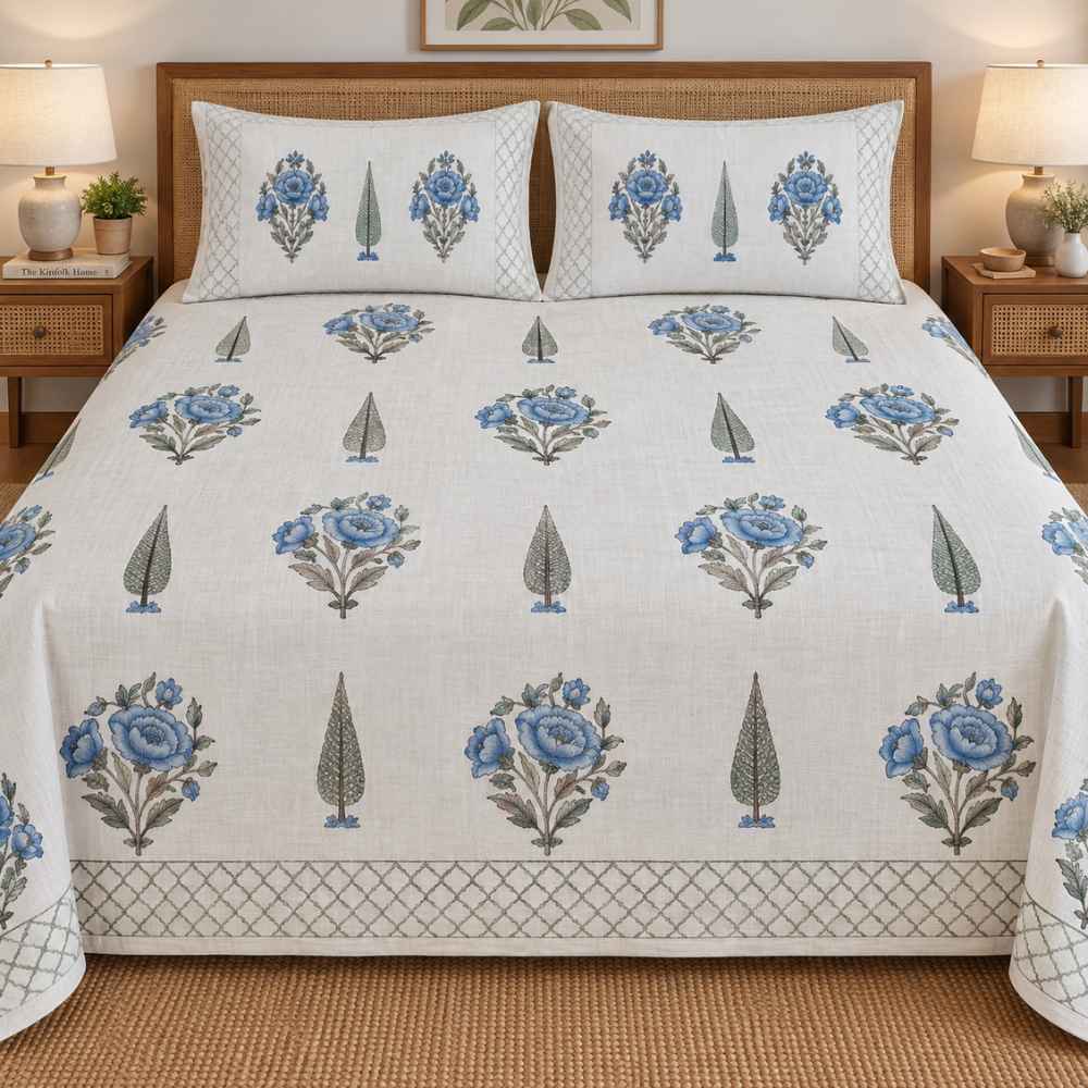 Slub Cotton Bedcover Great Happy IN Blue Blossom 