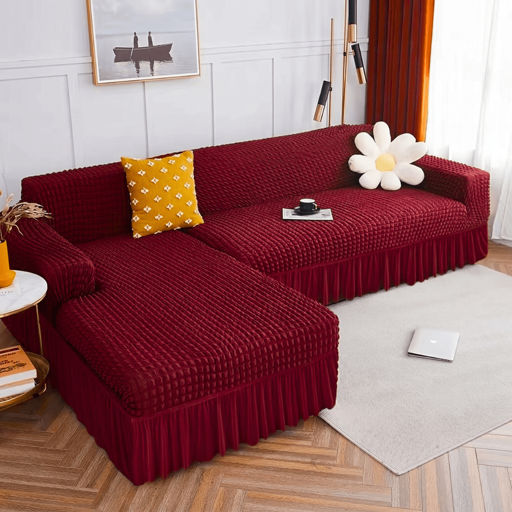 Bubble Frill Sofa Cover Great Happy IN Maroon Bubblefrill 3+2(L SHAPE) 
