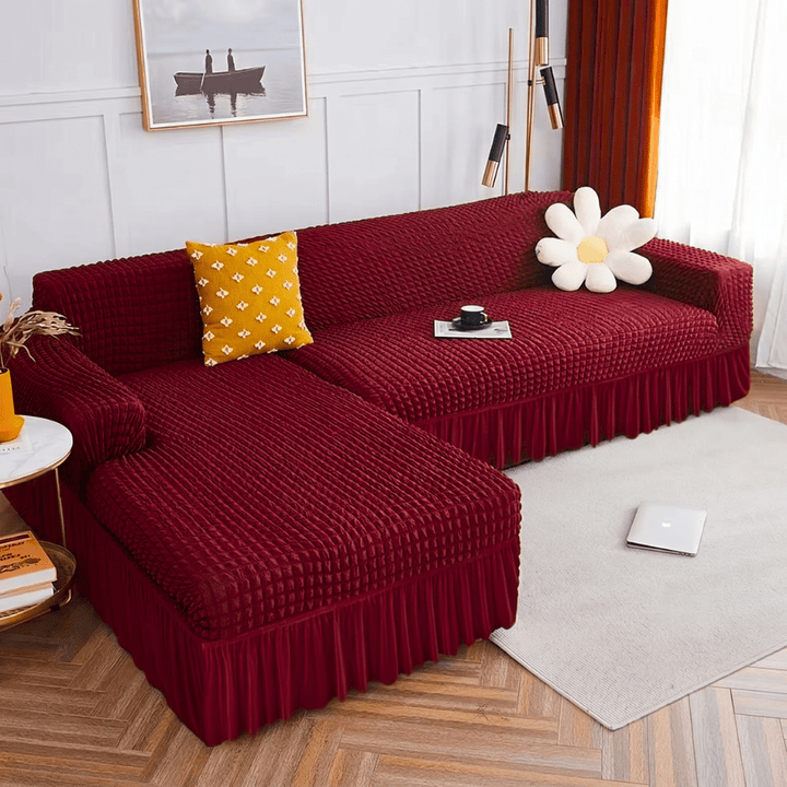 Bubble Frill Sofa Cover Great Happy IN Maroon Bubblefrill 3+2(L SHAPE) 