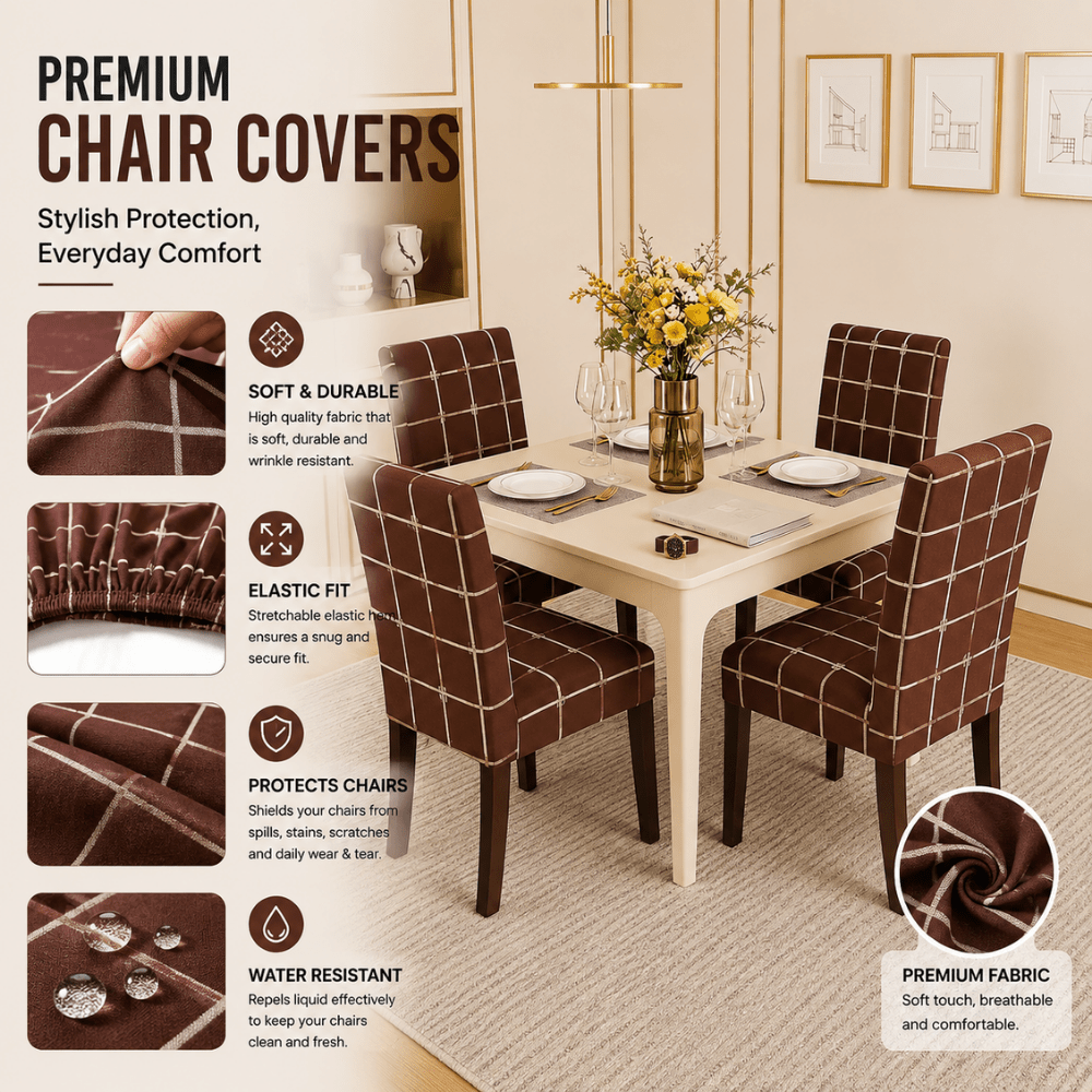 Check Brown Premium Chair Cover - Stretchable & Elastic Fitted printed chair covers Great Happy IN 
