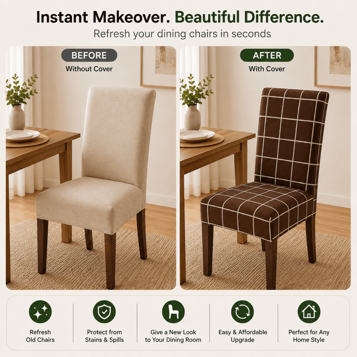 Check Brown Premium Chair Cover - Stretchable & Elastic Fitted printed chair covers Great Happy IN 