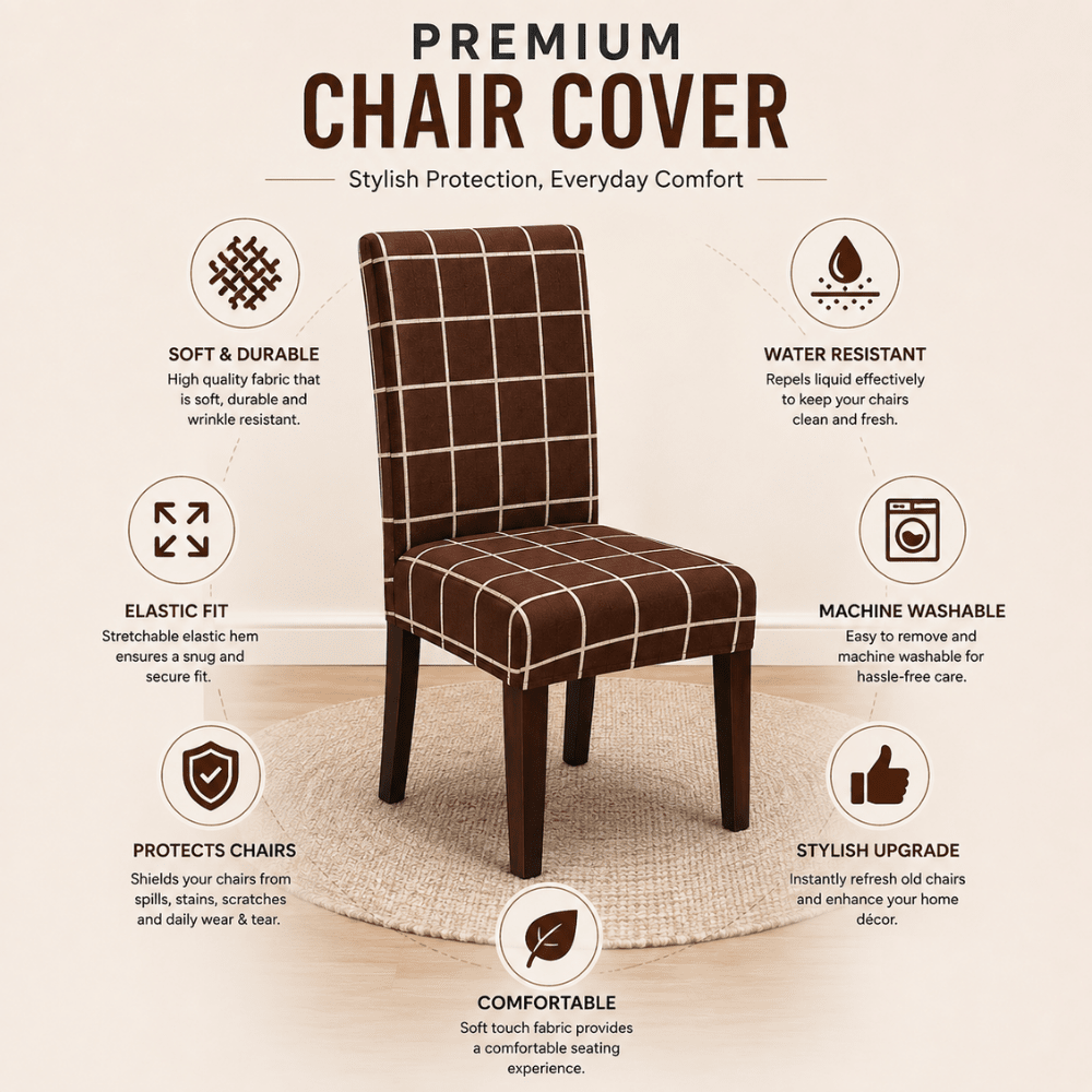Check Brown Premium Chair Cover - Stretchable & Elastic Fitted printed chair covers Great Happy IN 