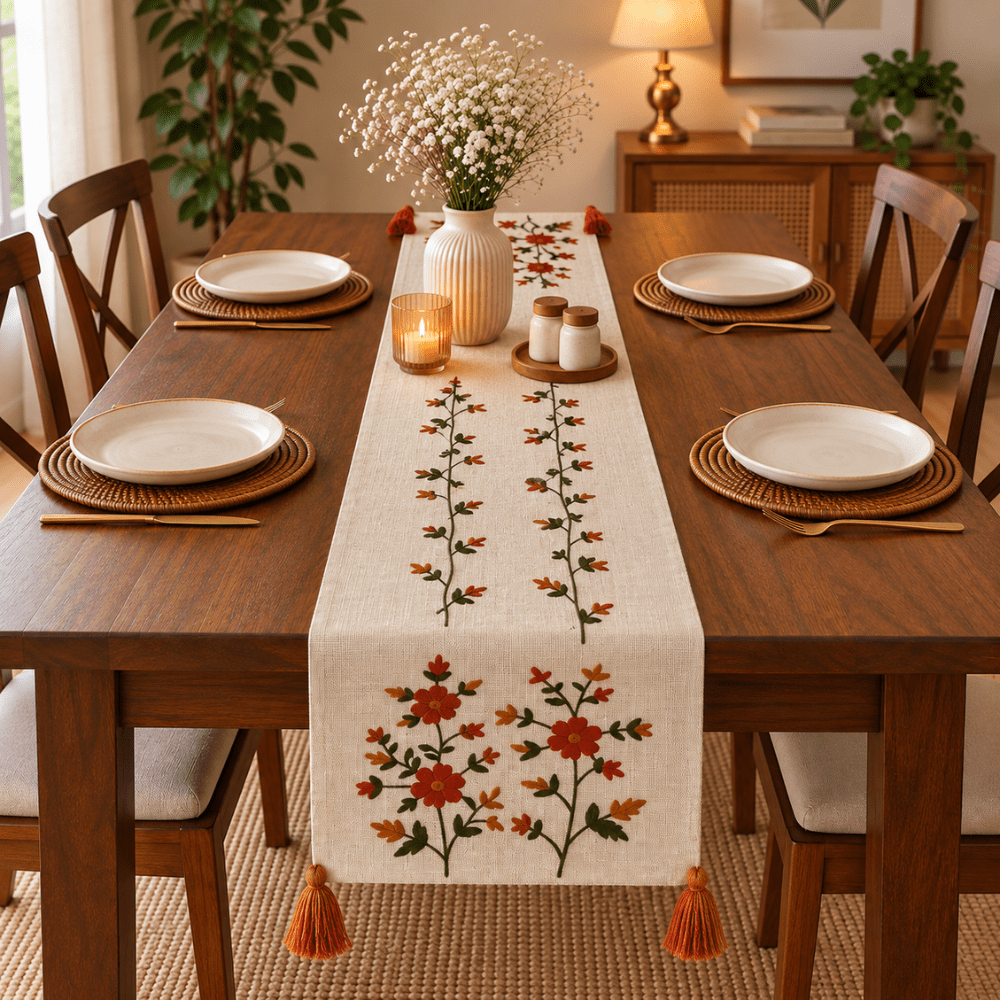 Jute Look Cotton Table Runners 13x72 Inches dining table & chair cover Great Happy IN Rust Flora 