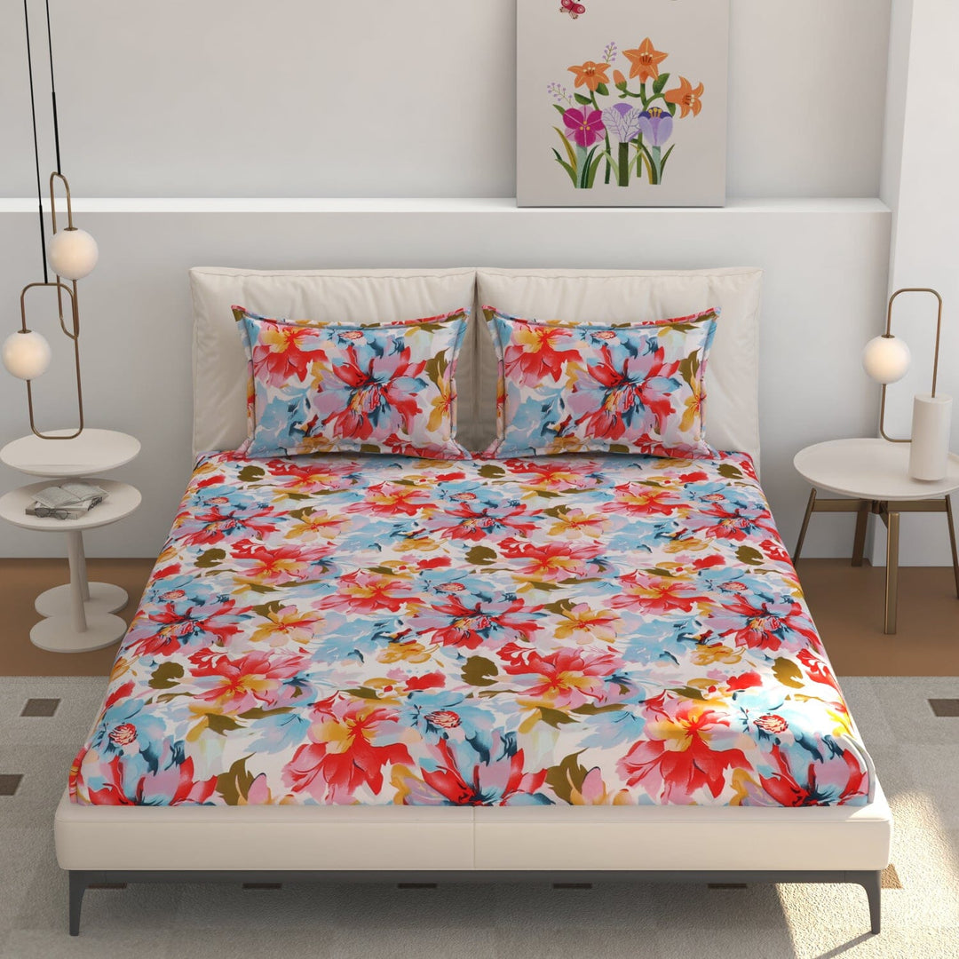 Elastic Fitted Bedsheet (King Size) with 2 Pillow Covers - Buy 2 Get 1 FREE Great Happy IN Blossom Radiance Floral KING SIZE 