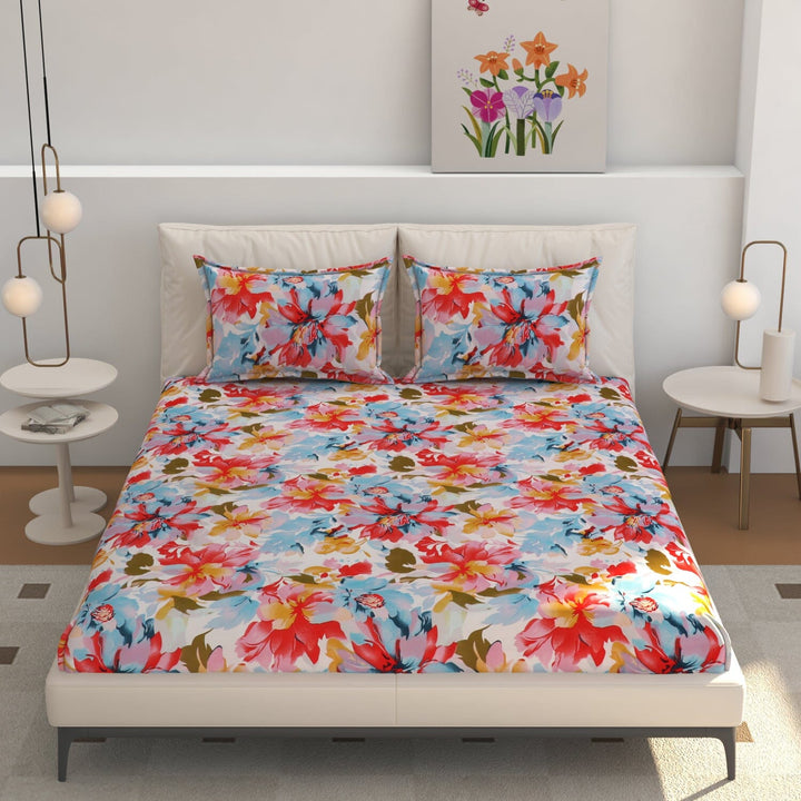 Elastic Fitted Bedsheet (King Size) with 2 Pillow Covers - Buy 2 Get 1 FREE Great Happy IN Blossom Radiance Floral KING SIZE 