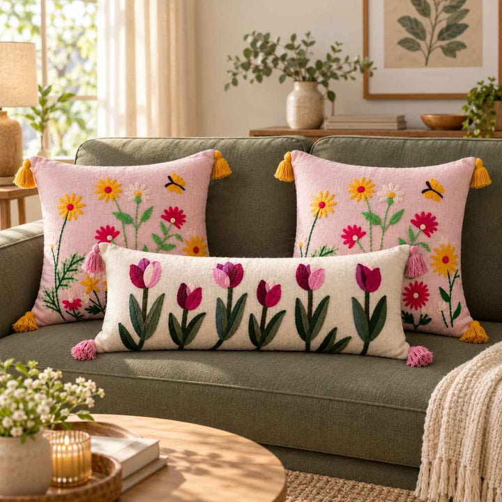 Festive Sofa Styling Set - Buy 1 Lumbar Cover, Get 2 Cushion Covers FREE cushion cover Great Happy IN Tulip Rose 
