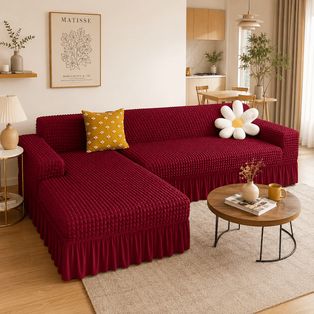Maroon Bubble Frill Sofa Cover bubble frill sofa cover Great Happy IN 3+2(L SHAPE) 