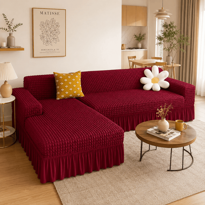 Maroon Bubble Frill Sofa Cover bubble frill sofa cover Great Happy IN 3+2(L SHAPE) 