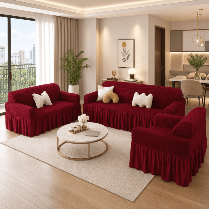 Maroon Bubble Frill Sofa Cover bubble frill sofa cover Great Happy IN 3+1+1 Seater 