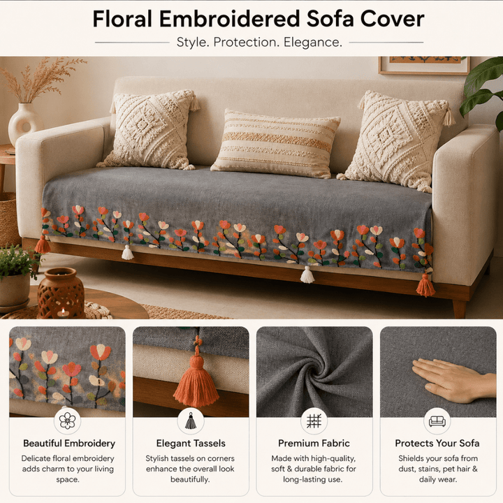 Gulmohar Grey Jute Cotton Sofa Cover jute sofa cover Great Happy IN 