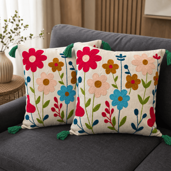 Artisan Embroidered Large Cushion Covers 24x24 Inch cushion cover Great Happy IN Bloom Fiesta Pack of 2 (₹450 per pcs) 