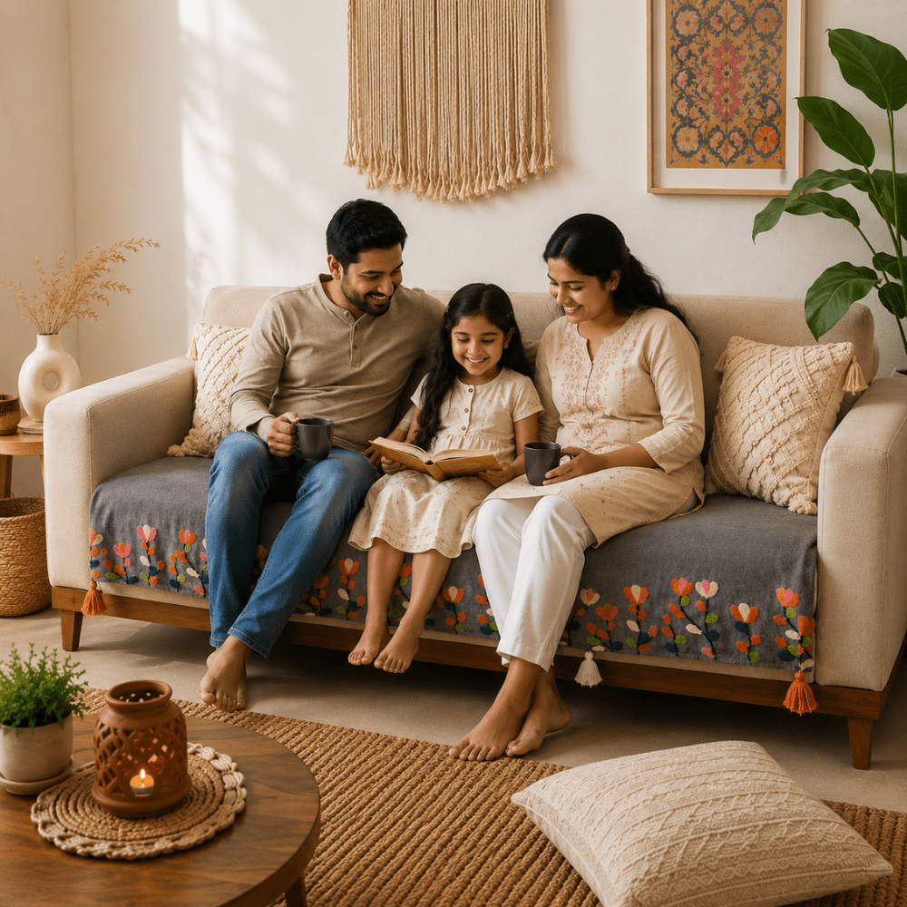 Gulmohar Grey Jute Cotton Sofa Cover jute sofa cover Great Happy IN 